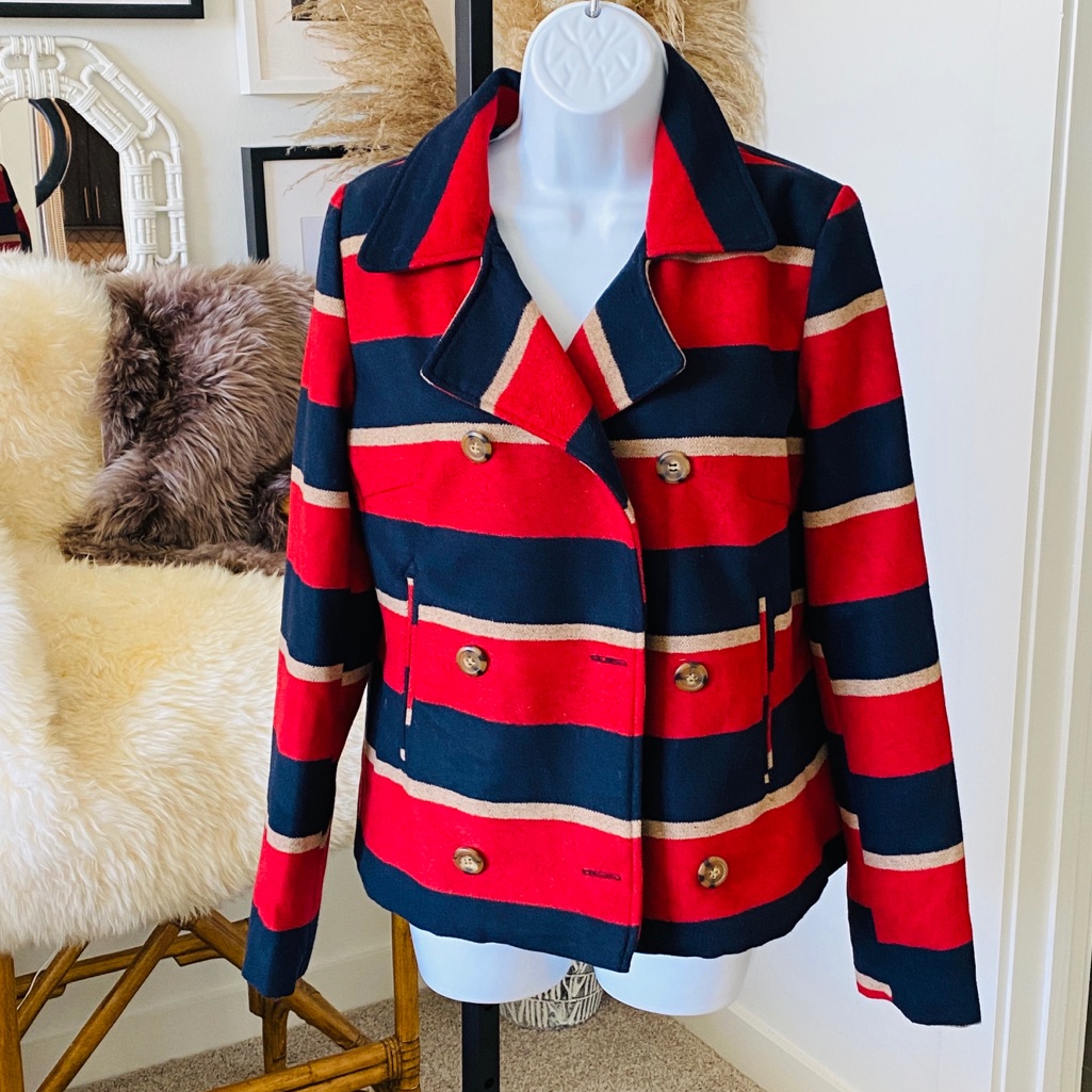 Jack Striped Cropped Rugby Style Double Breasted Pea Coat Rugby Stripes Size S